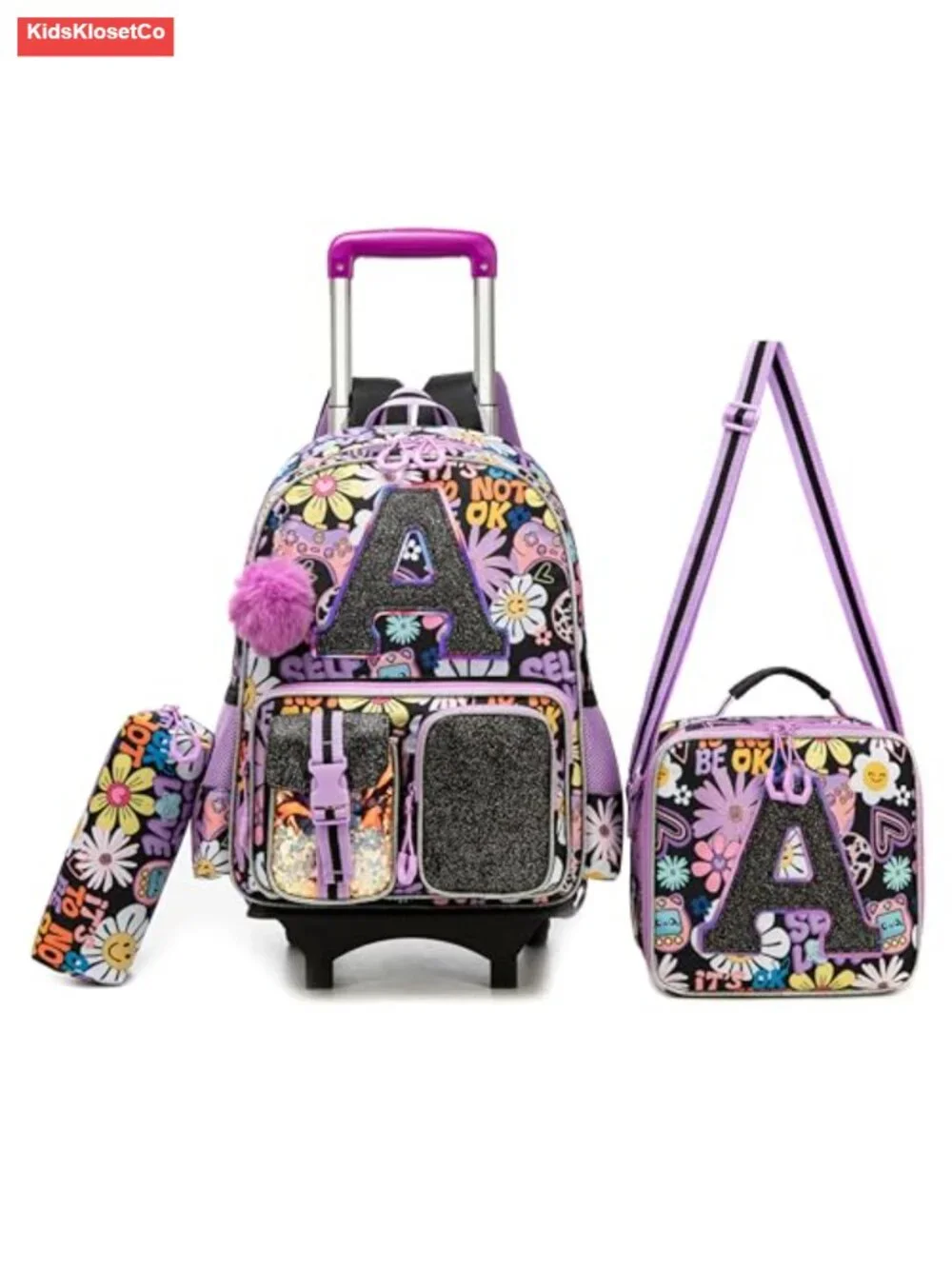 3 in 1 Rolling Backpack for Girls with Lunch Box and Pencil Case, Kids Luggage